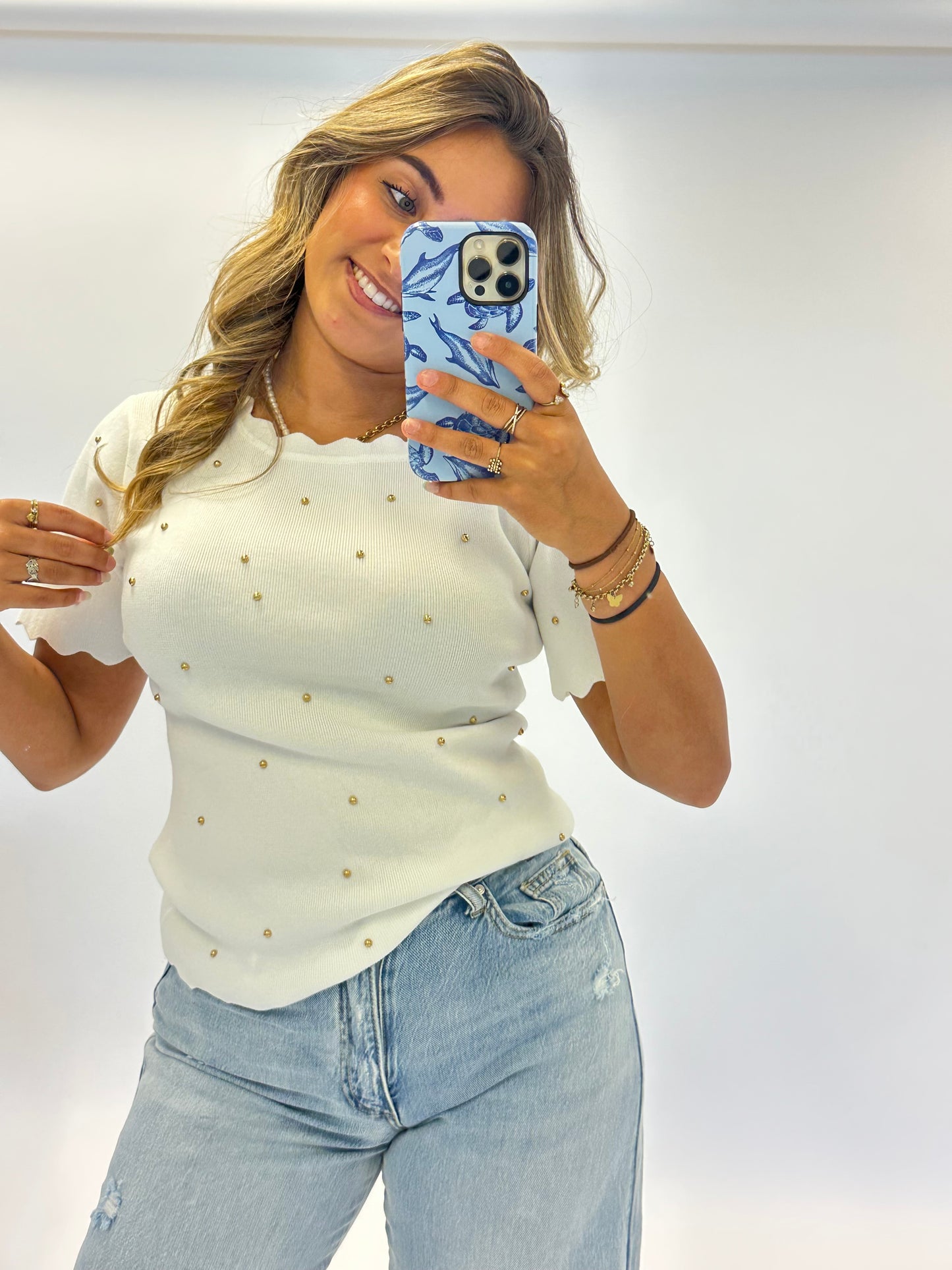 Esmee Pearl Detail Knit Top - White