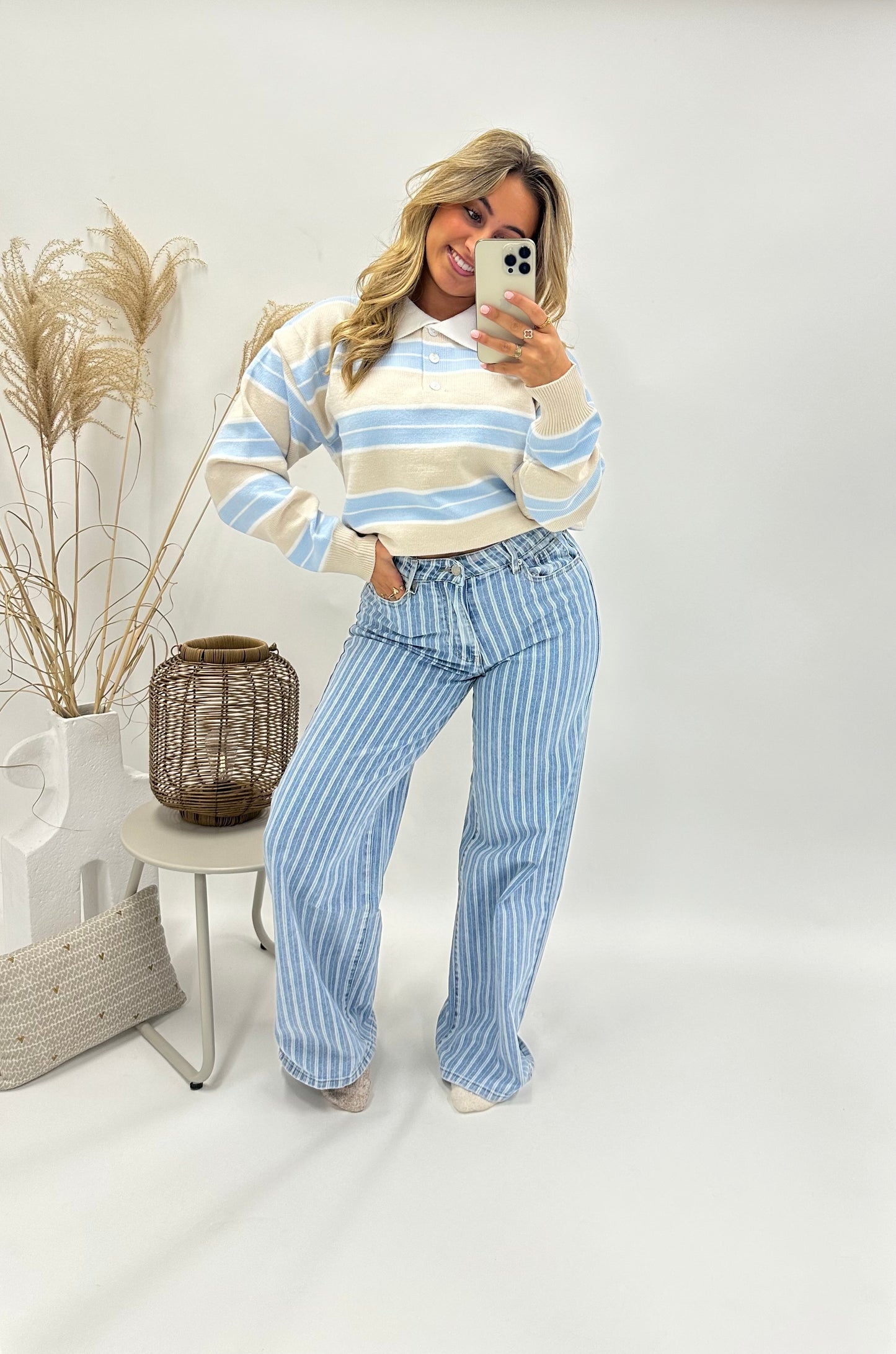 Sara trui gestreepte polo beige blauw