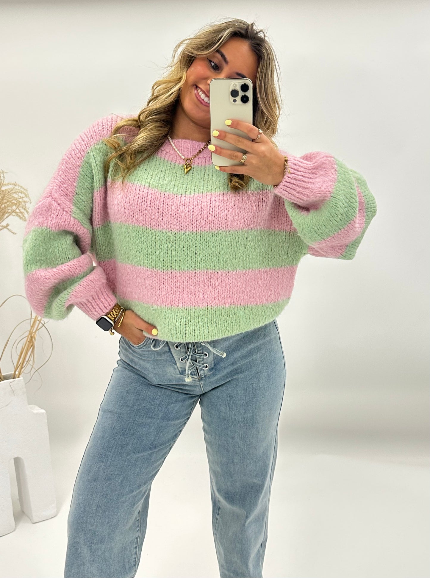 Lora trui pastel roze groen