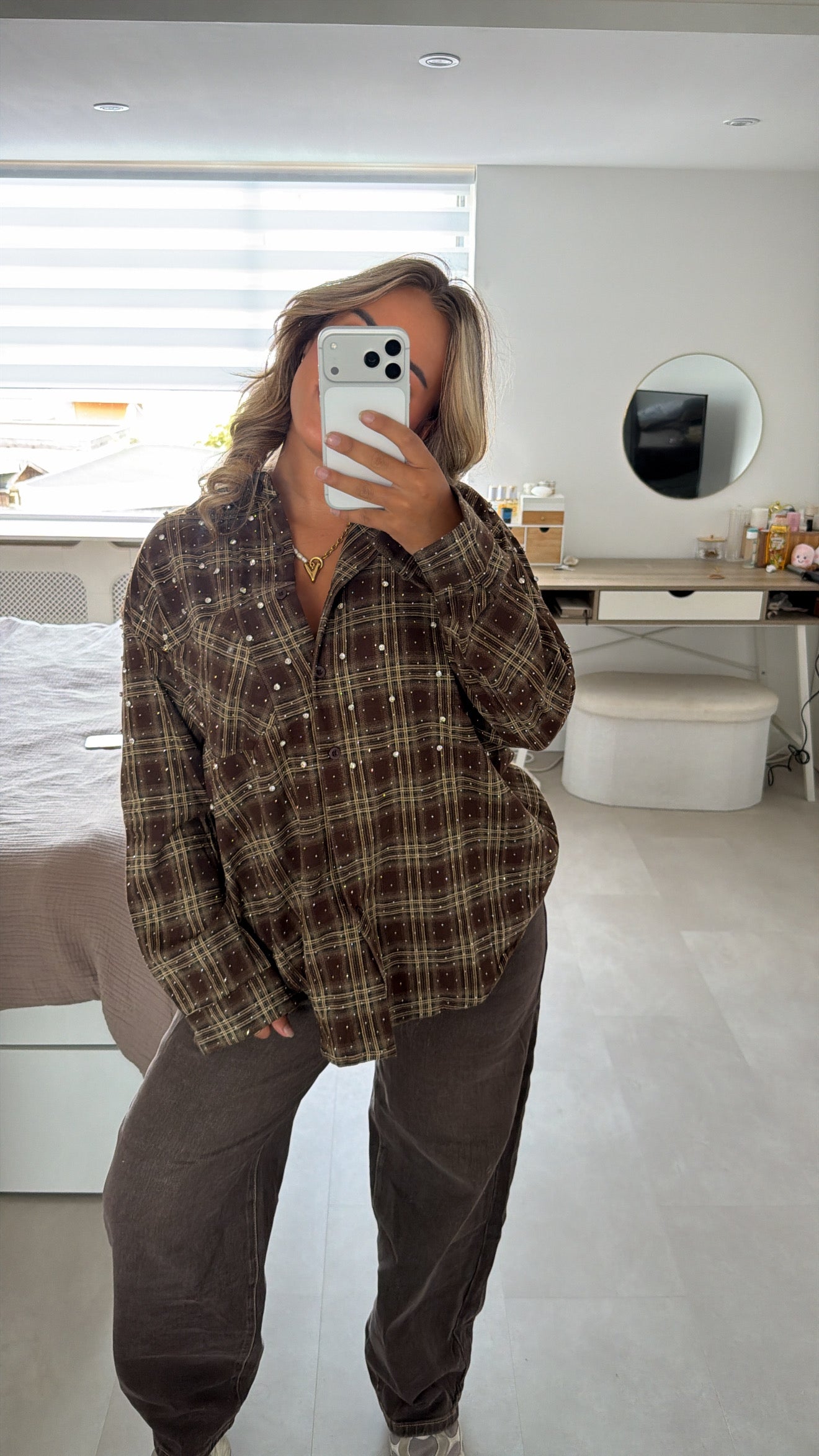 Faye Pearl Check Blouse -BROWN