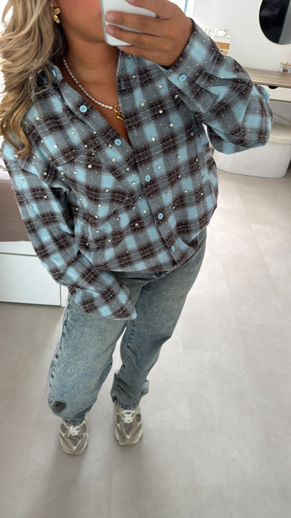 Faye Pearl Check Blouse - BABYBLUE