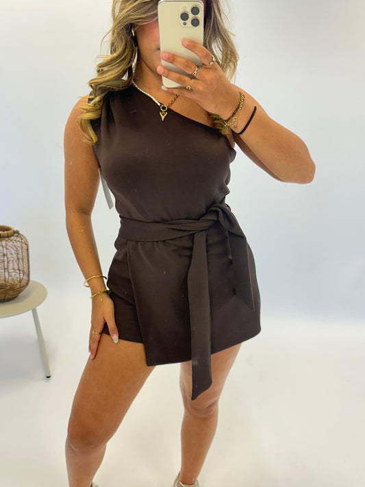 Belle One Shoulder jumpsuit kort - Brown