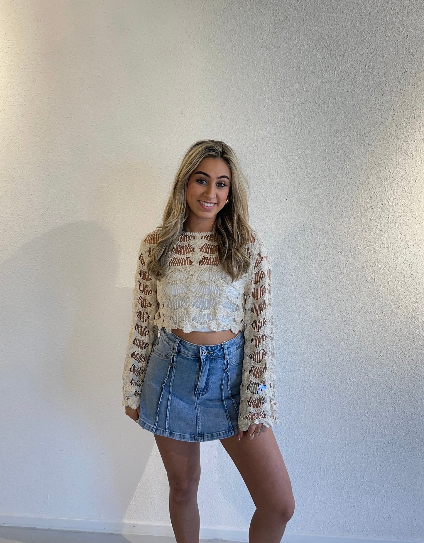 GEHAAKTE TOP MAVI - BEIGE