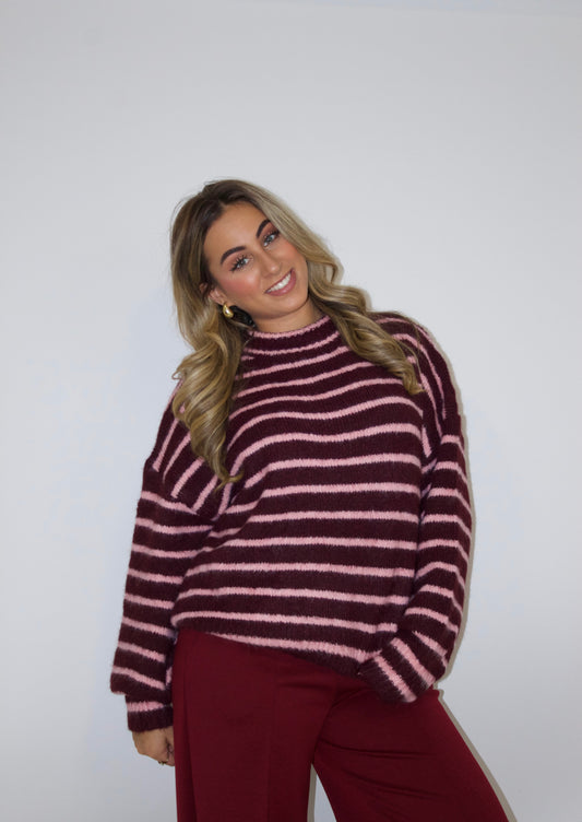 Tess trui streep roze/ bordeaux rood