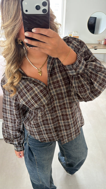 Rosa geruite blouse glitter - BROWN