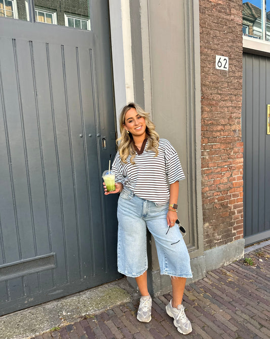 Macey Striped Polo Top - Blue/Brown