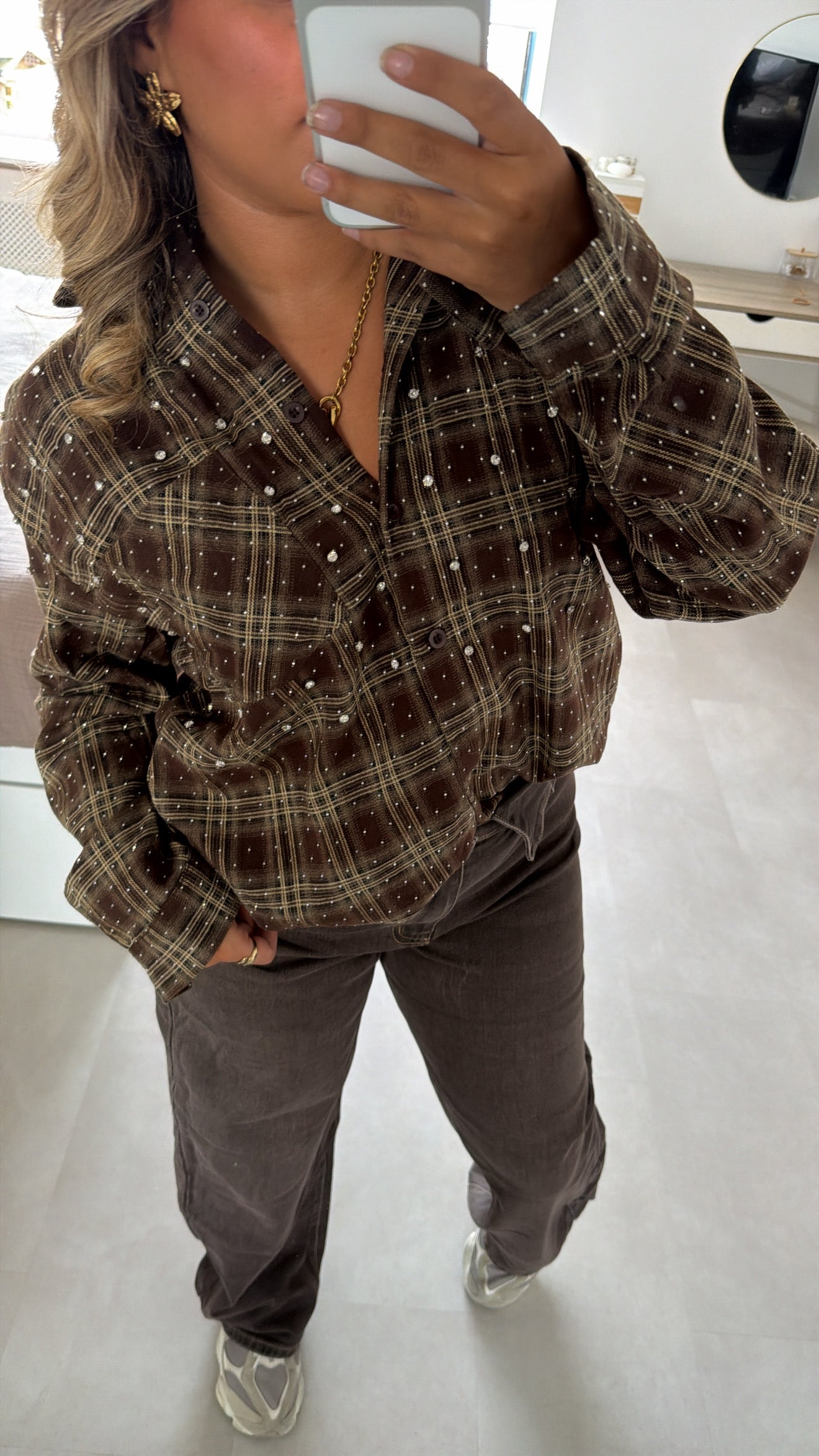 Faye Pearl Check Blouse -BROWN