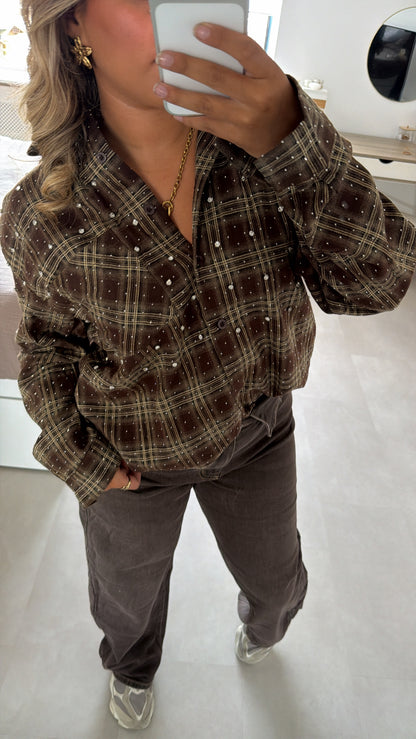 Faye Pearl Check Blouse -BROWN