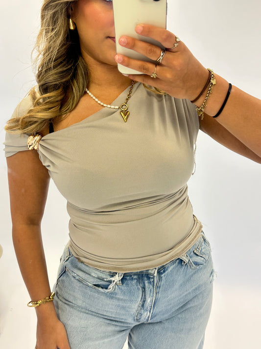 Inge One Shoulder Knot Top - Taupe
