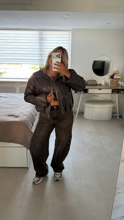 Macey Cropped Leather Bomber Jacket - BROWN