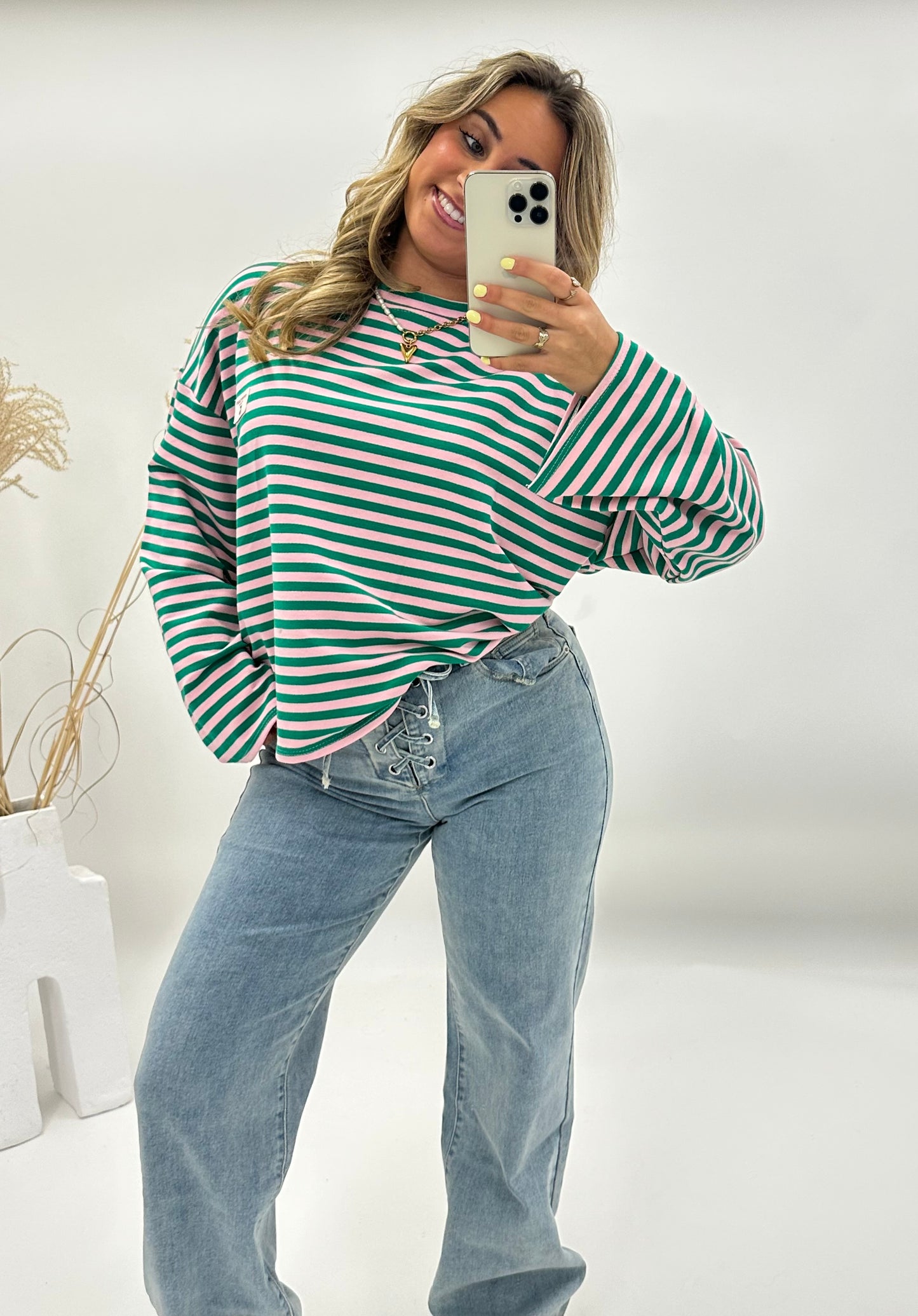 Sara roze-groen gestreepte longsleeve