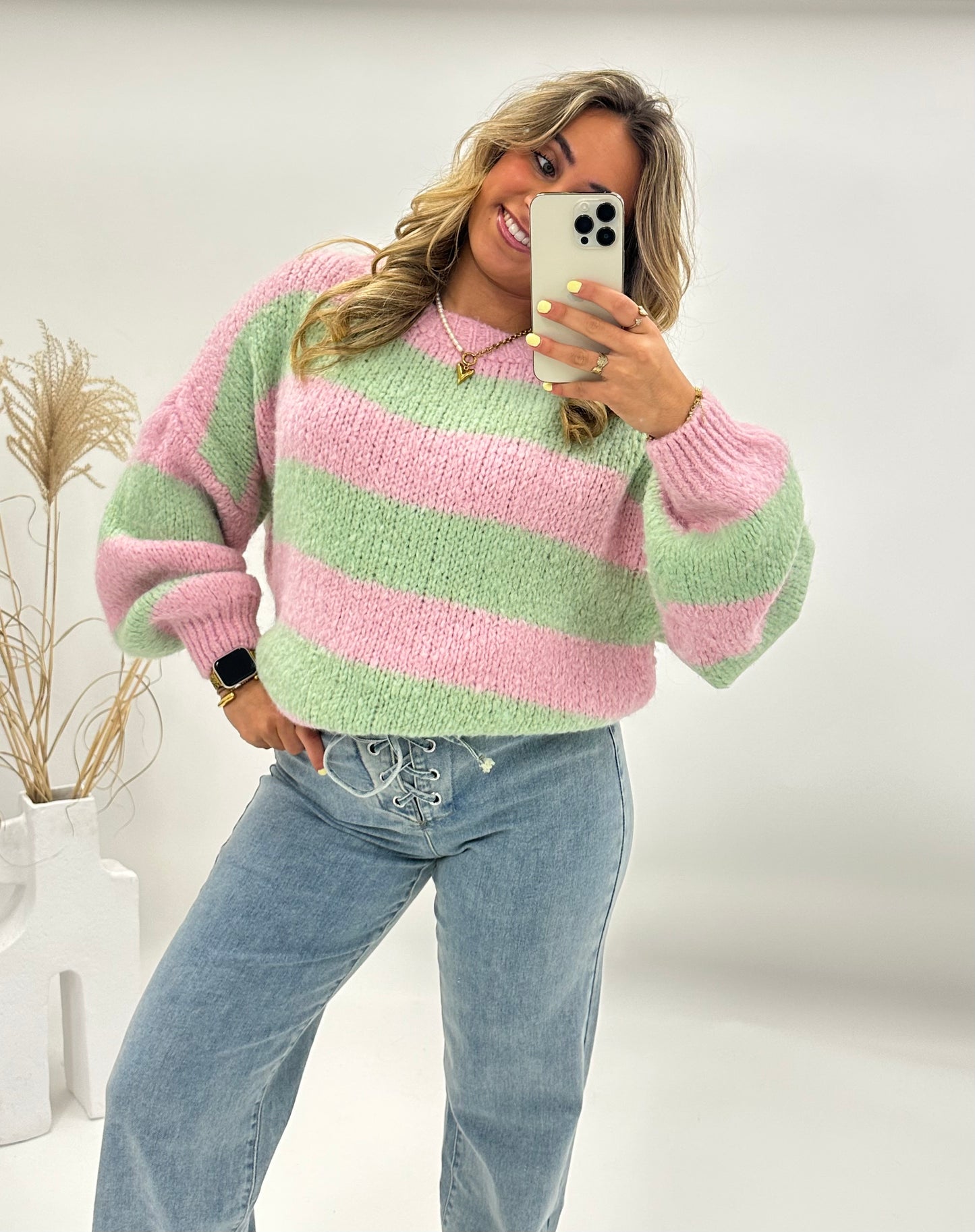 Lora trui pastel roze groen