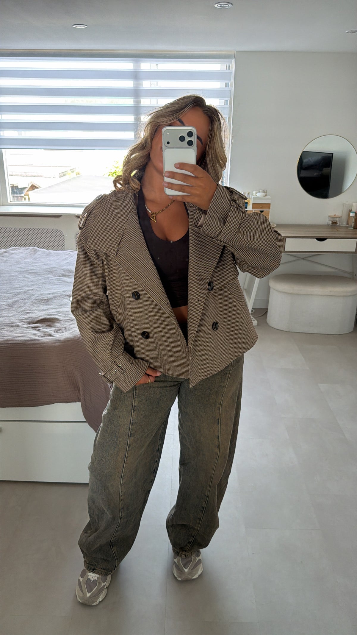 Eva geruit trenchcoat jas kort - BEIGE