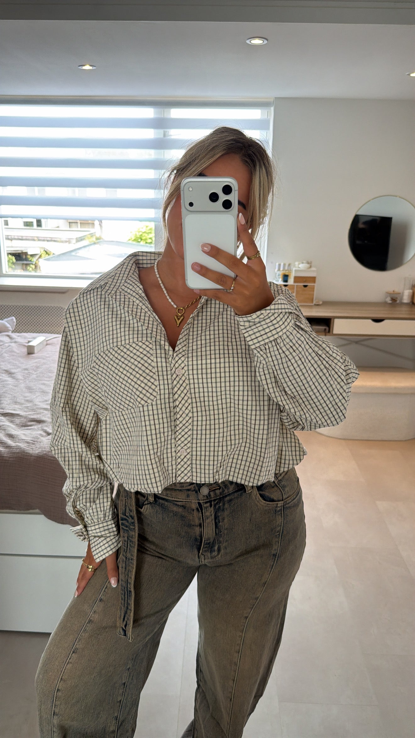 Resa balloon blouse ruit - BEIGE