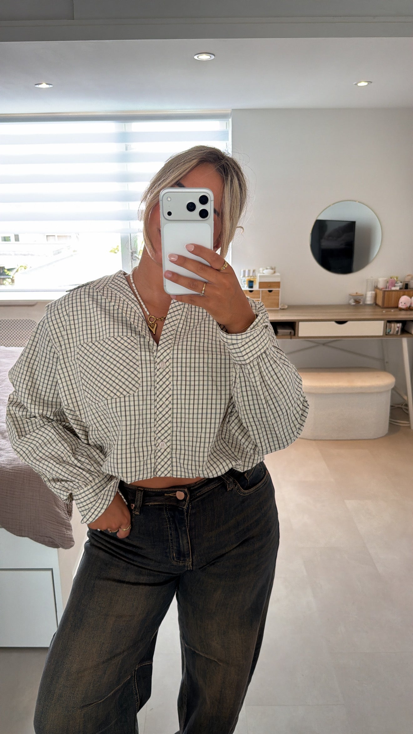 Resa balloon blouse ruit - BEIGE