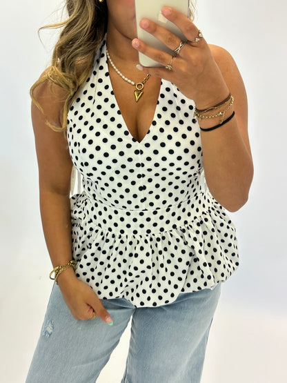 Polka Dot Halter Top – White