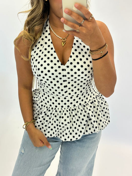 Polka Dot Halter Top – White