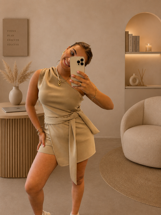 Belle One Shoulder jumpsuit kort - Taupe