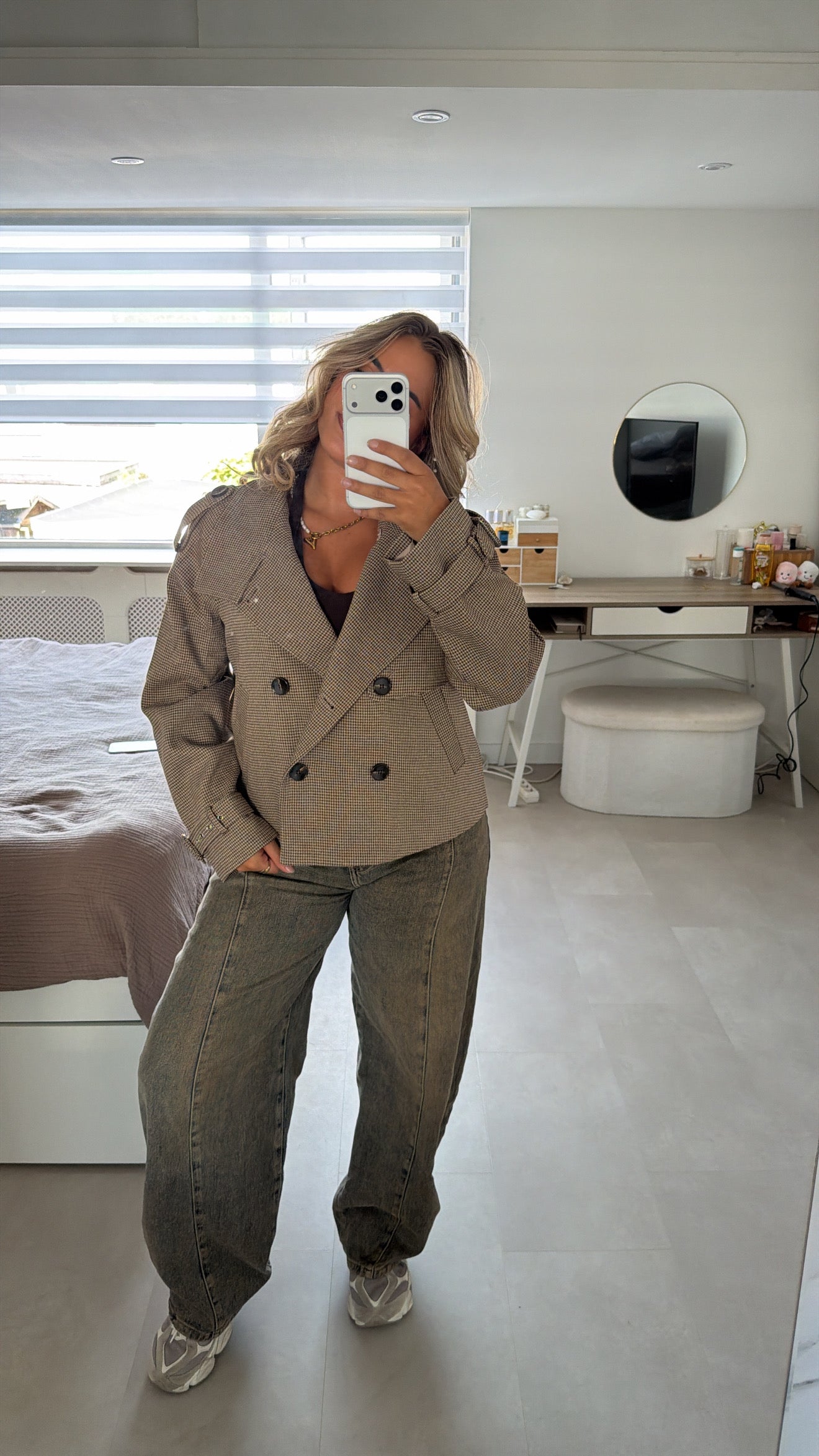 Eva geruit trenchcoat jas kort - BEIGE