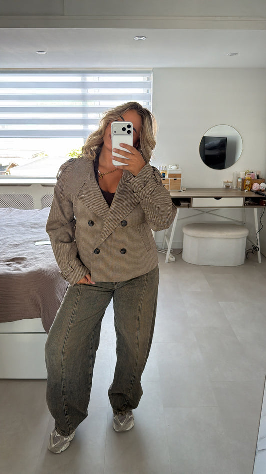 Eva geruit trenchcoat jas kort - BEIGE