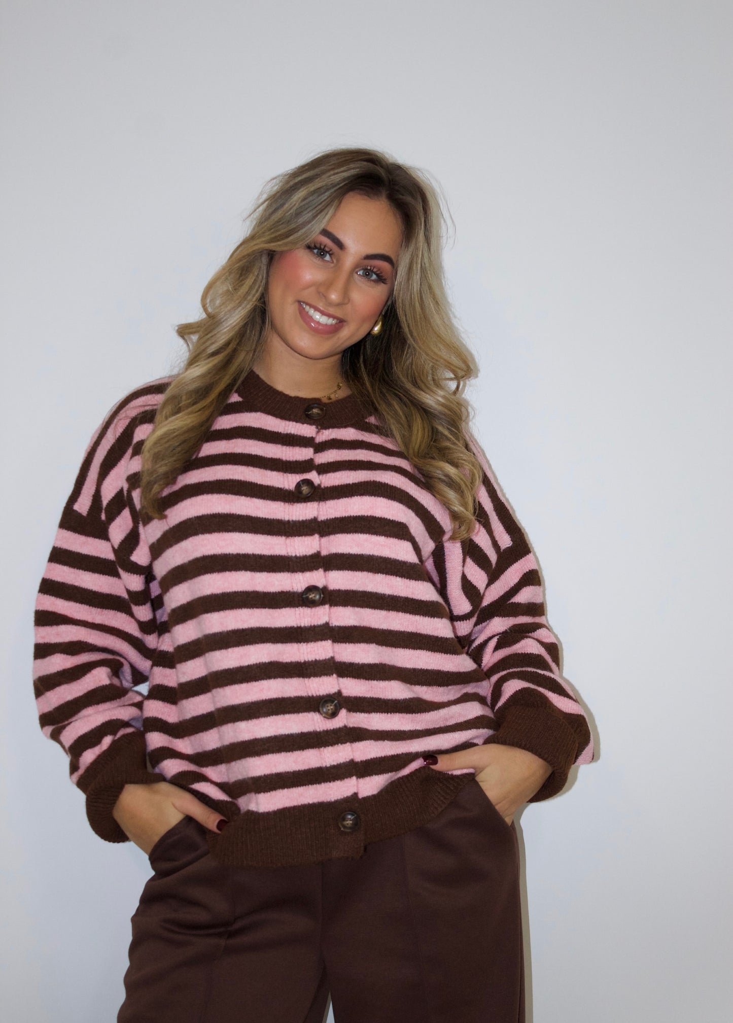 Destiny trui/vest streep bruin roze