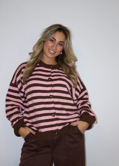 Destiny trui/vest streep bruin roze