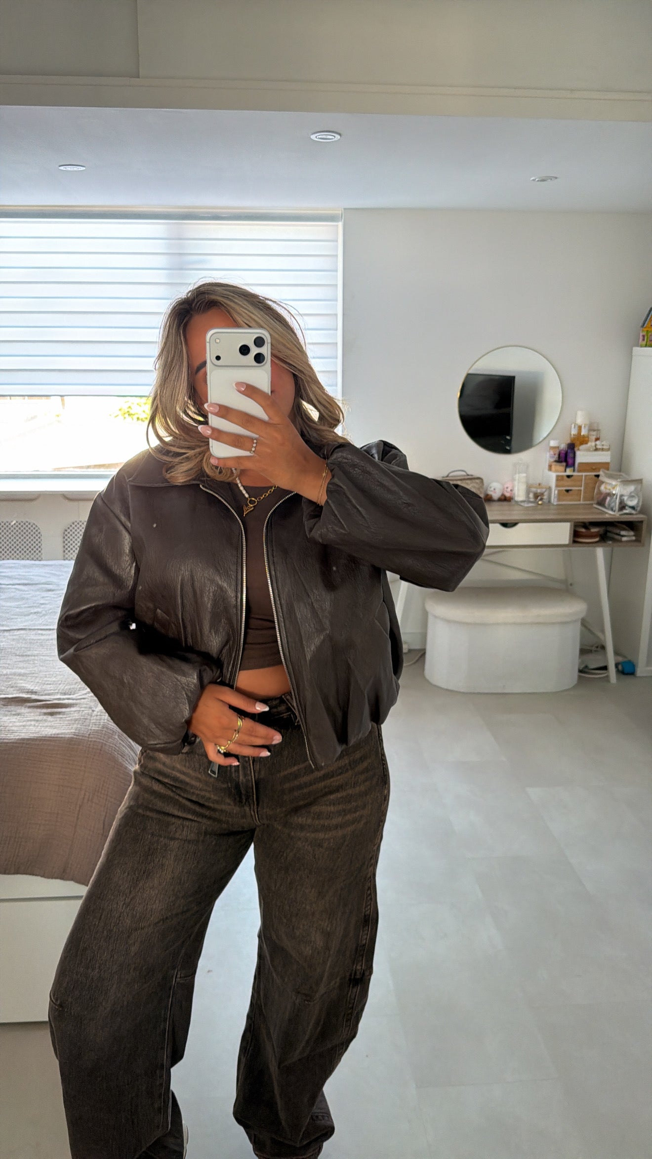 Macey Cropped Leather Bomber Jacket - BROWN