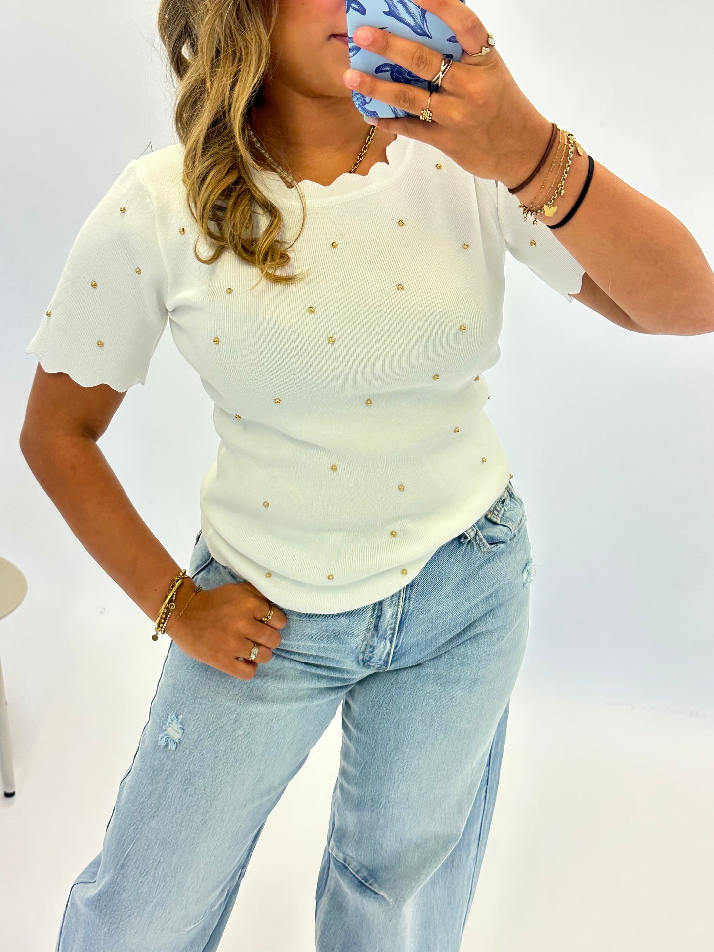 Esmee Pearl Detail Knit Top - White
