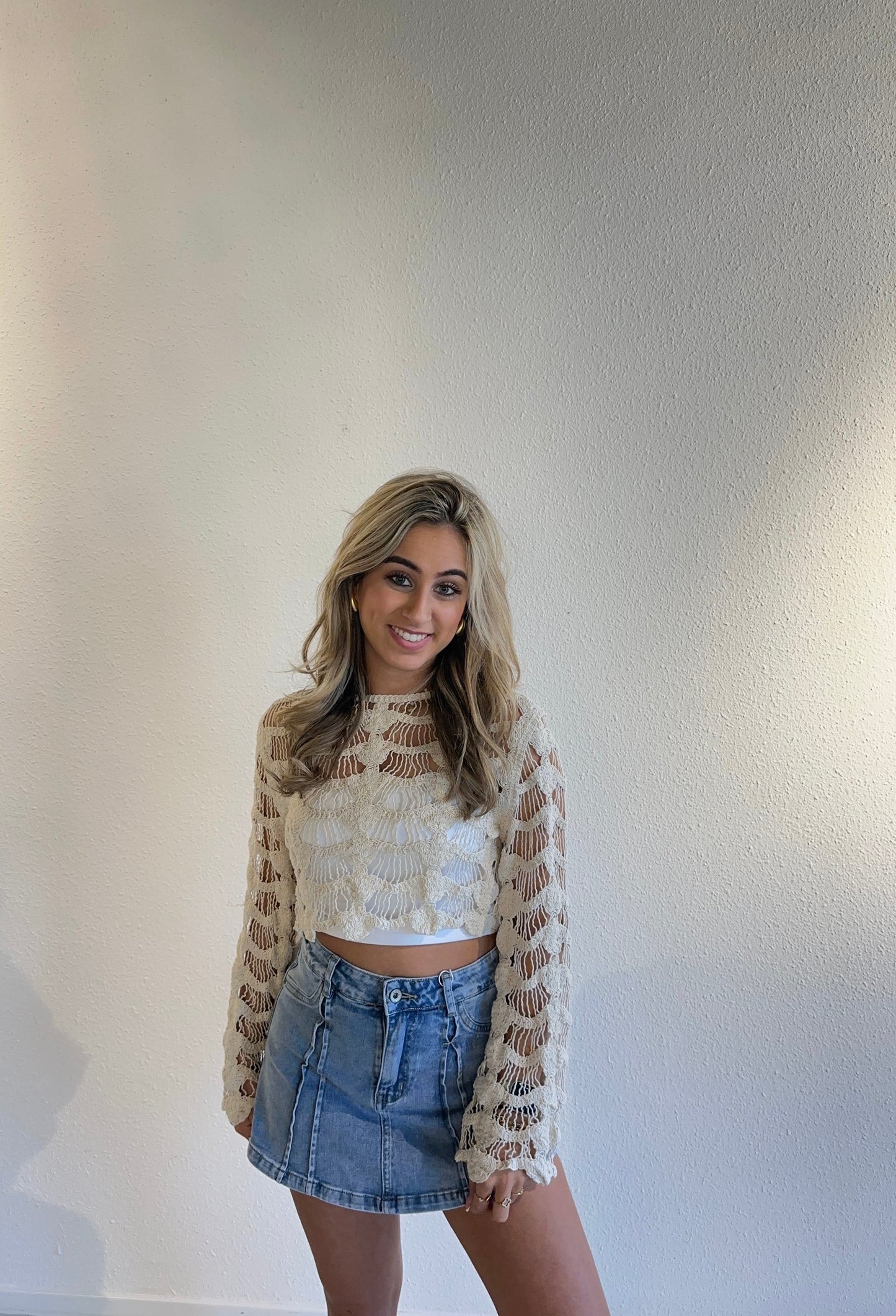 GEHAAKTE TOP MAVI - BEIGE