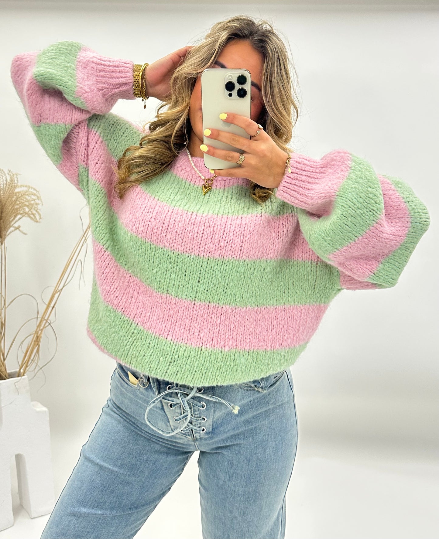 Lora trui pastel roze groen