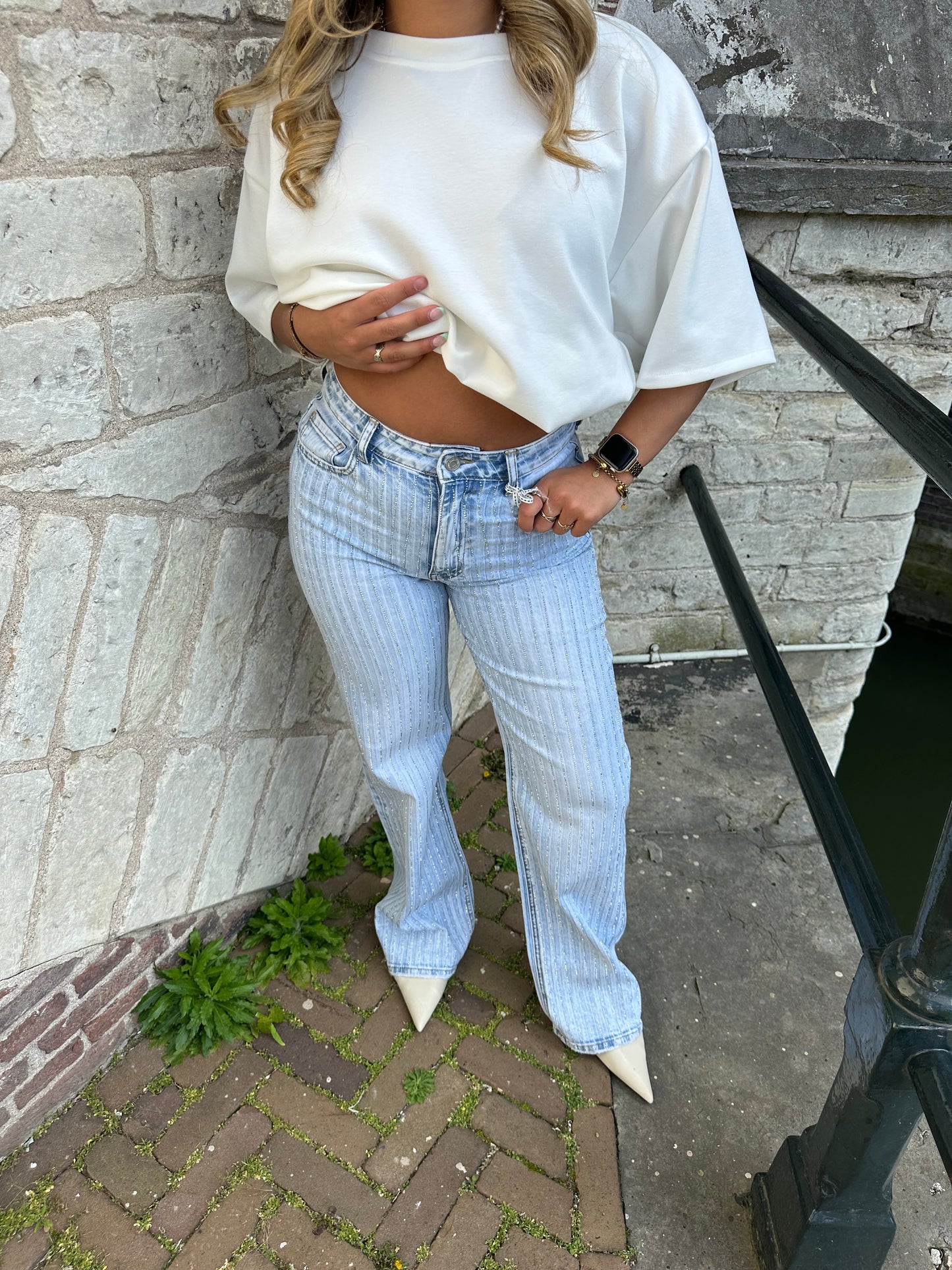 Liv Sparkle Stripe Wide Leg Jeans – Light Blue