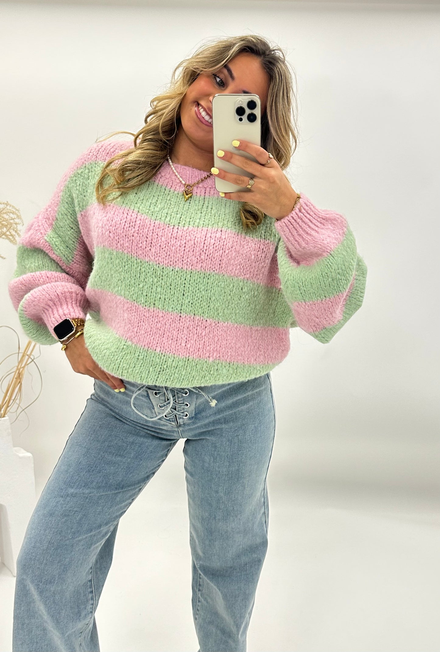 Lora trui pastel roze groen