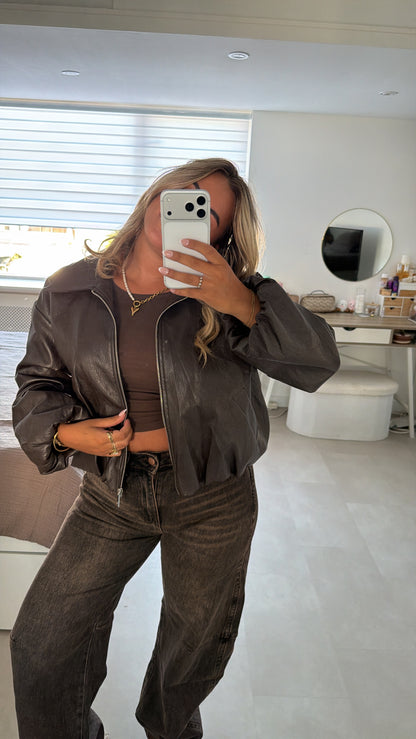 Macey Cropped Leather Bomber Jacket - BROWN