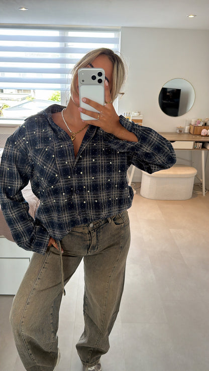 Faye Pearl Check Blouse - BLUE