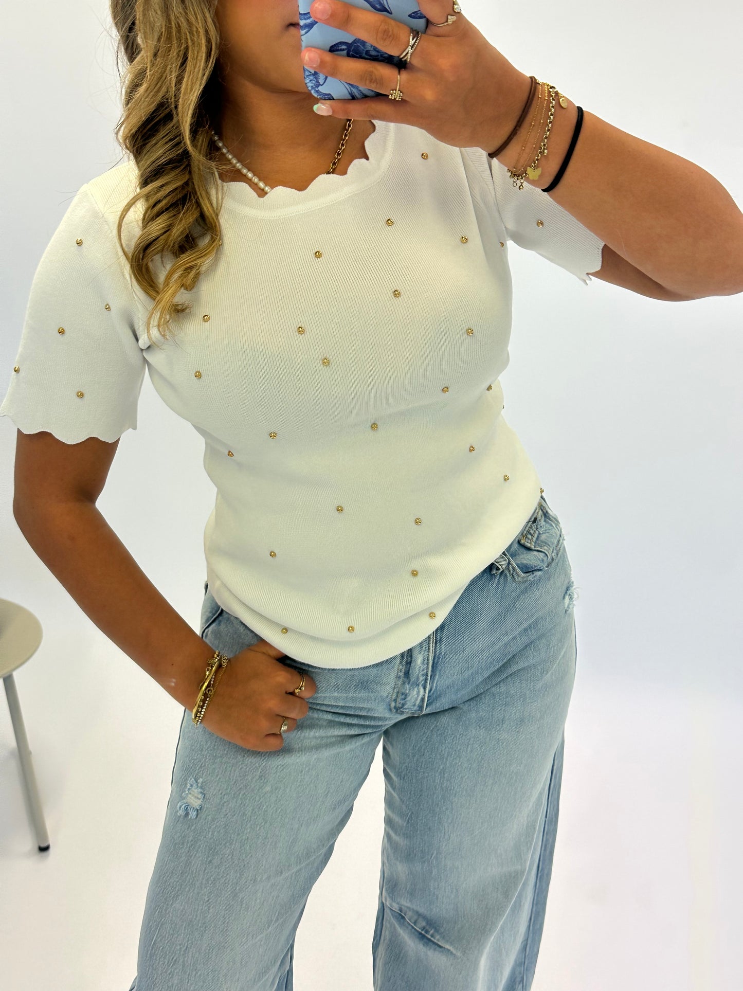 Esmee Pearl Detail Knit Top - White